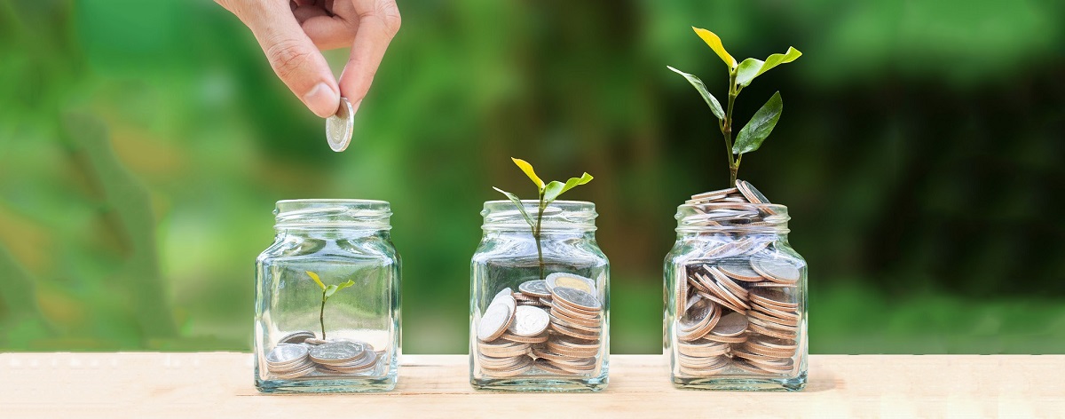 Filling a jar with coins, and a plant grows out of it